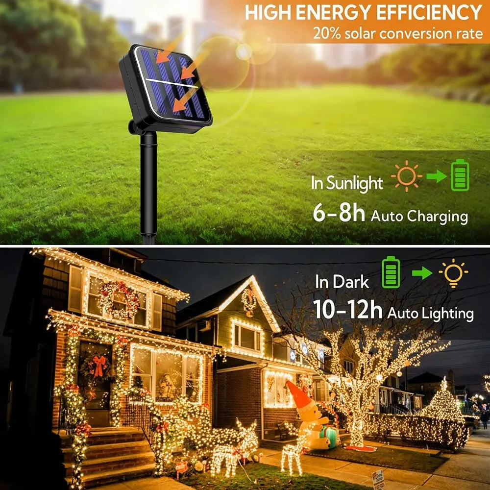 Saulės energijos LED girlianda – vandeniui atsparios lauko švieselės su 8 režimais (IP65
